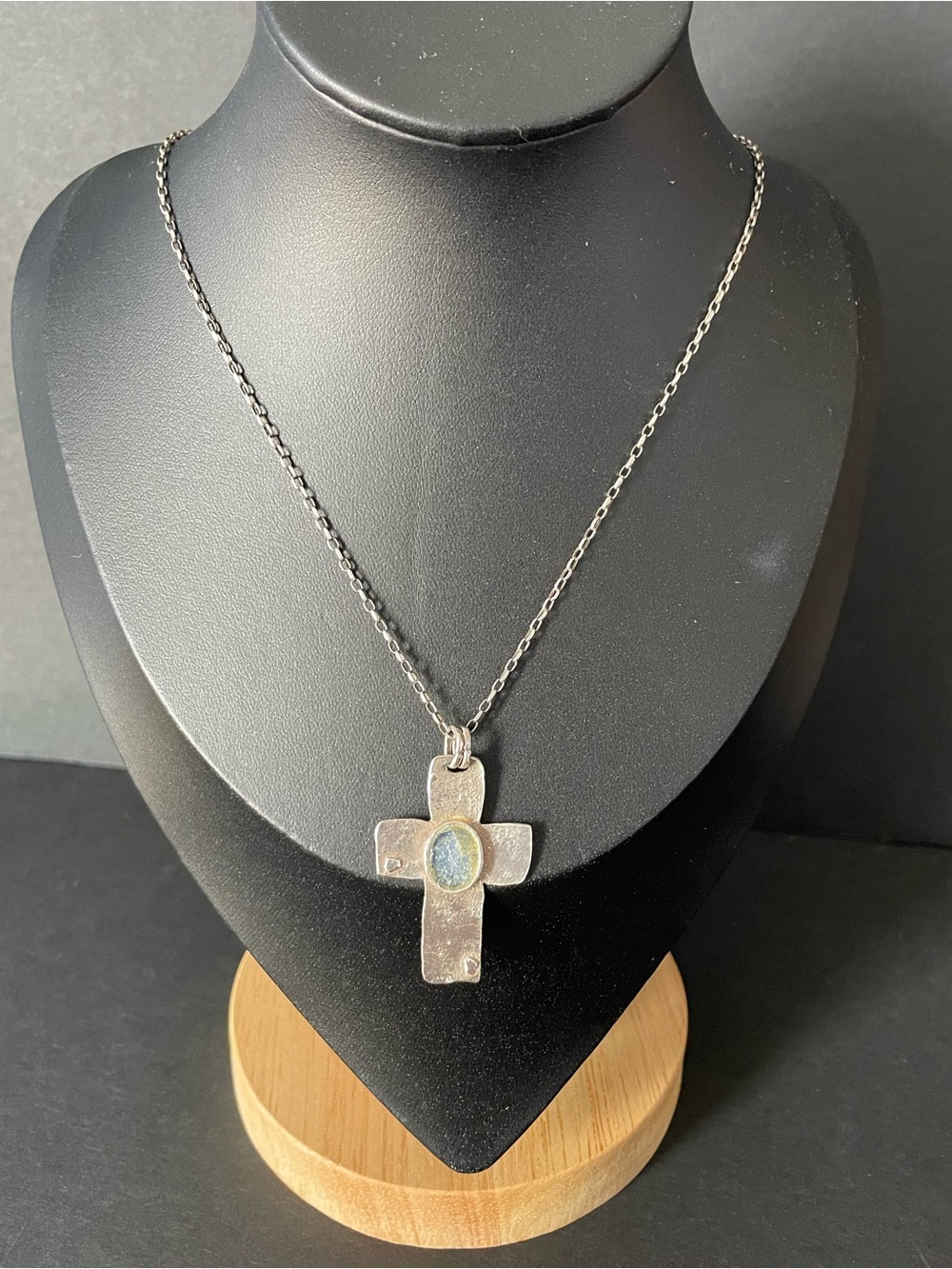 Sterling Silver Roman Cross Necklace with Blue Center Accent